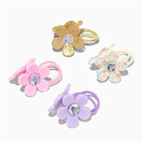 Claires Club Glitter Flower Gem Hair Ties 4 Pack Claires Us