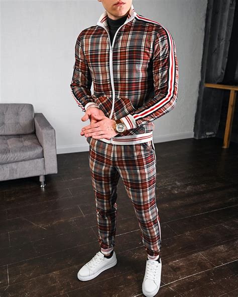 2021 mens tracksuit spring autumn fashion plaid tracksuit casual two