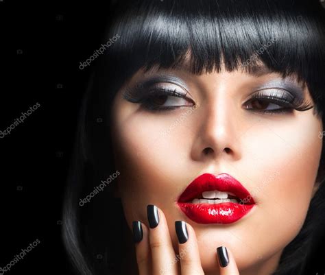Beautiful Brunette Girl Portraitfacemakeup Sensual Red Lips Stock