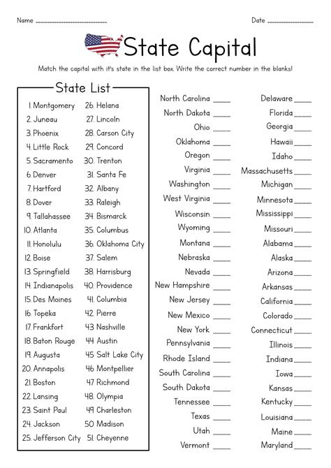 States And Capitals Worksheet Geography Worksheets Homeschool