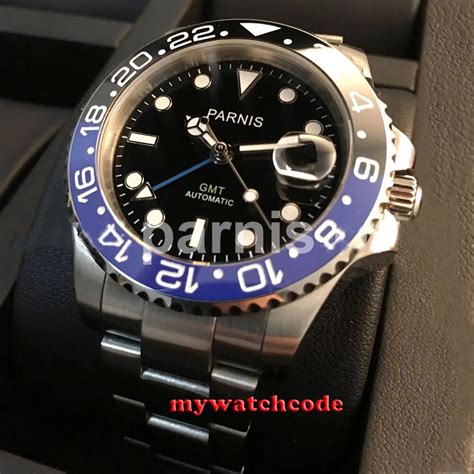 S Mm Parnis Black Dial Mechanical Watches Black Blue Ceramic Bezel Gmt Luminous Marks Sapp