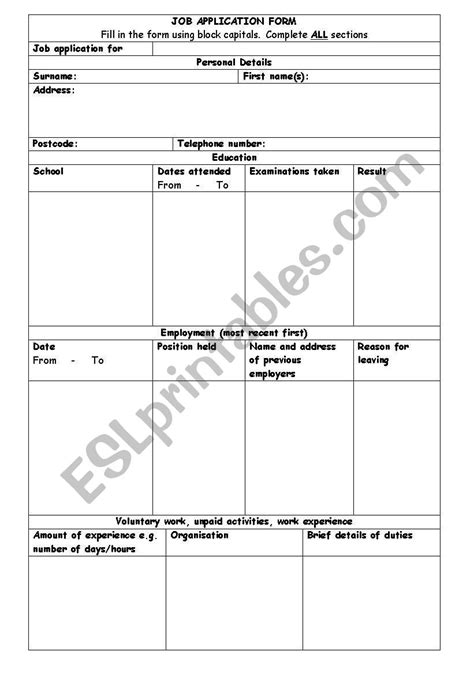 Job Application Form Esl Worksheet By Safia26uk