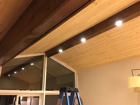 Closest thing you could do cheap. Pine Faux Beam with Recessed Lighting | dave eddy