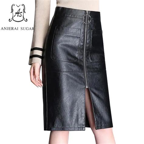 Autumn Winter Women Faux Leather Skirt Black Pu Leather Sexy High Waist Pocket Package Hip