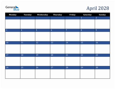 April 2028 Monthly Calendar Templates With Monday Start