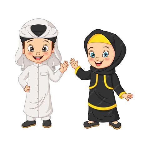 Dessin Animé Heureux Enfants Arabes Musulmans Vecteur Premium
