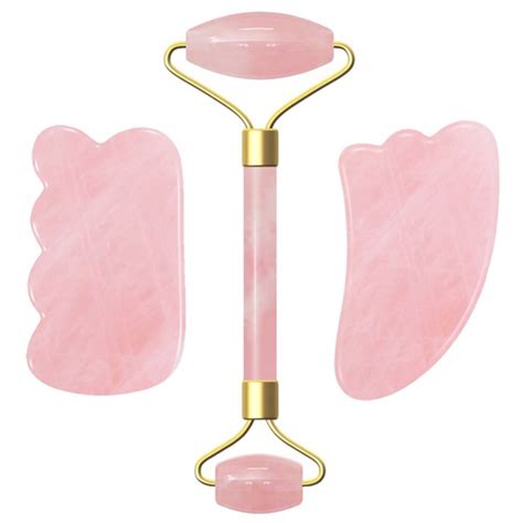 3pcsset Natural Rose Quartz Gua Sha Roller Slimming Face Massager Lifting Tool Facial Massage