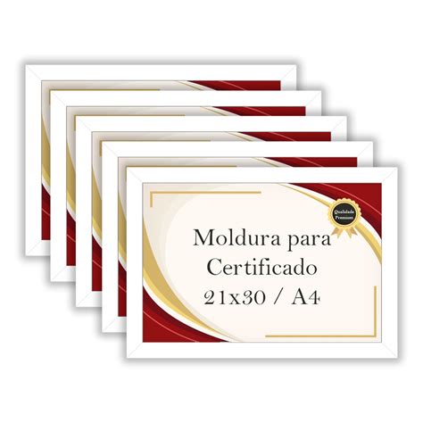 Kit 5 Molduras A4 Para Certificado Madeira Laqueada Branca Premium Com