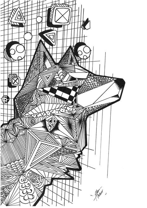 Small circles in a large oval. Wolf with geometric patterns - Wolves Adult Coloring Pages