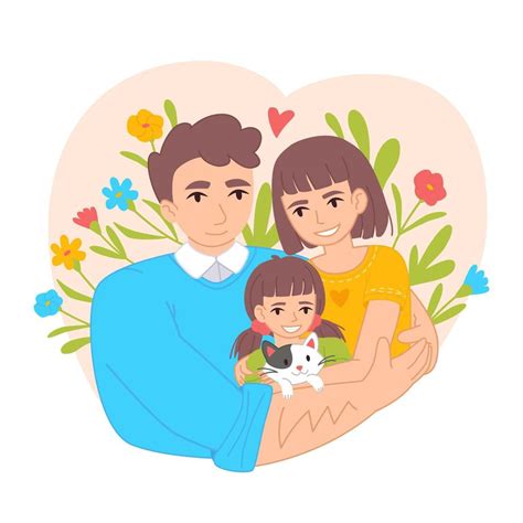 Concepto De Abrazos Familiares Felices Padre Madre Hija Y Gato