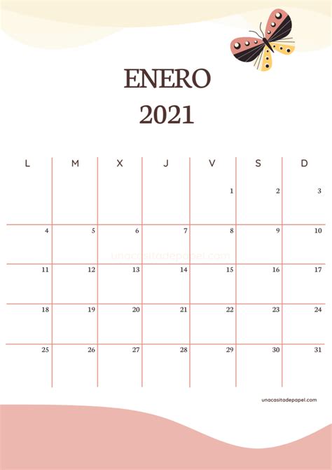 Calendario Enero 2021 Para Imprimir Gratis ️ Una Casita De Papel