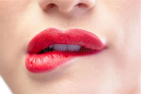 Close Up On Sensual Model Biting Red Lips Stock Photo Image Of