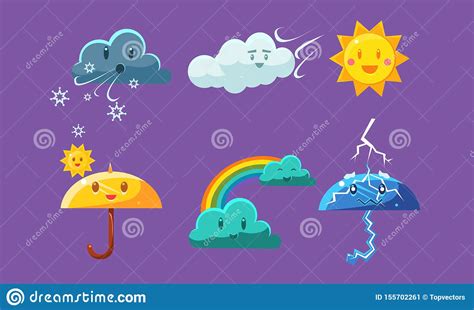 Cute Weather Icons Set Colorful Forecast Meteorology Symbols Vector
