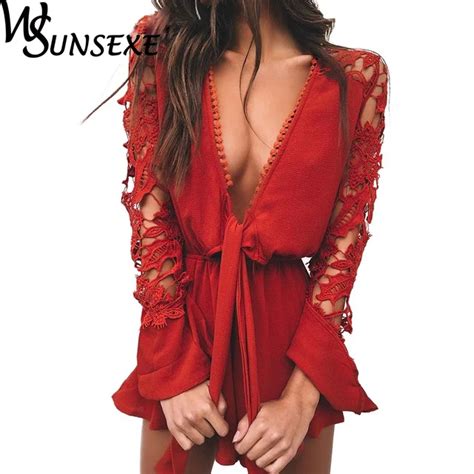 Wsunsexe Sexy V Neck Lace Jumpsuit Romper Women Hollow Out Red Short Playsuit Elegant Bow Flare