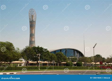 Torch Tower And Khalifa Stadium Notice Board In Aspire Zone Doha