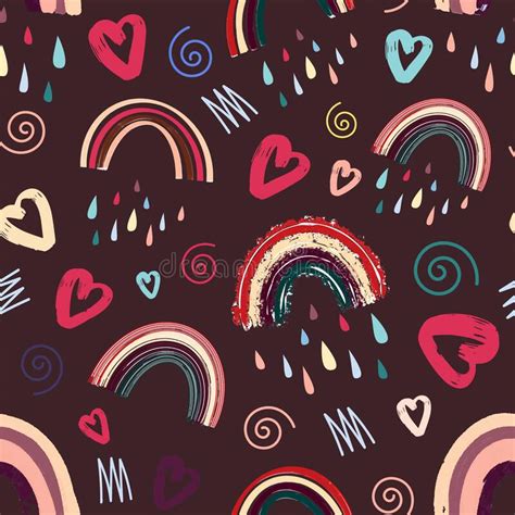 Cute Rainbow And Heart Romantic Seamless Pattern Stock Illustration