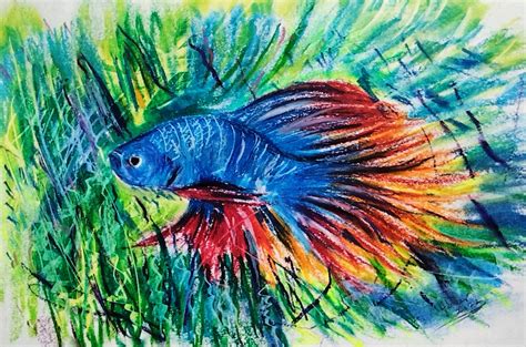 Beautiful Oil Pastel Art Work On Cute Blue Fish By Abeerr Creates On