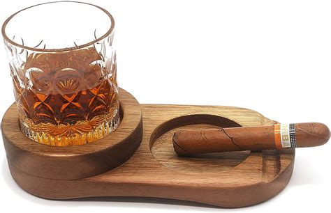 Rustic Wooden Whiskey Glass And Cigar Holder Cigar Ashtray Slot For Cigars Great Cigar