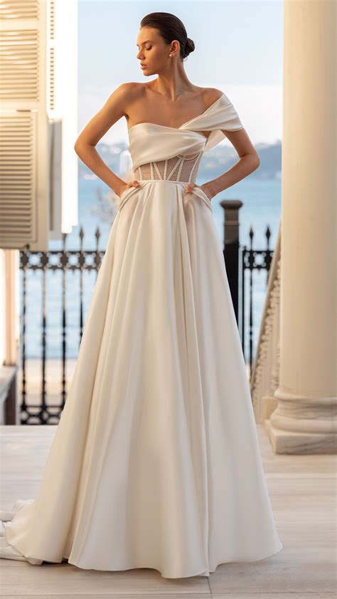 One Shoulder A Line Wedding Dress With Exposed Corset Boning Unique