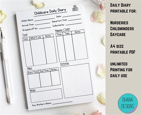 Childcare Daily Diary Sheet Childminder Daily Diary Record Etsy Uk