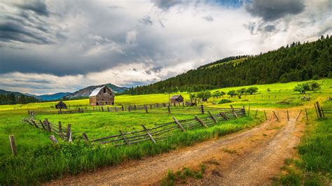 Wallpaper Countryside Farmland Fence Grass Trees Road Clouds