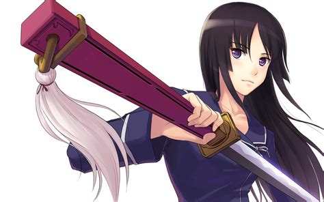Female Anime Character With Black Hair Holding Sword Hd Wallpaper