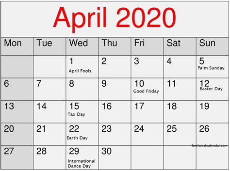 April 2020 Calendar With National Holidays Excel Calendar Monthly