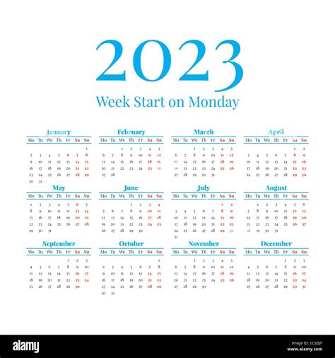 2023 Calendar With The Weeks Start On Monday Stock Vector Image And Art