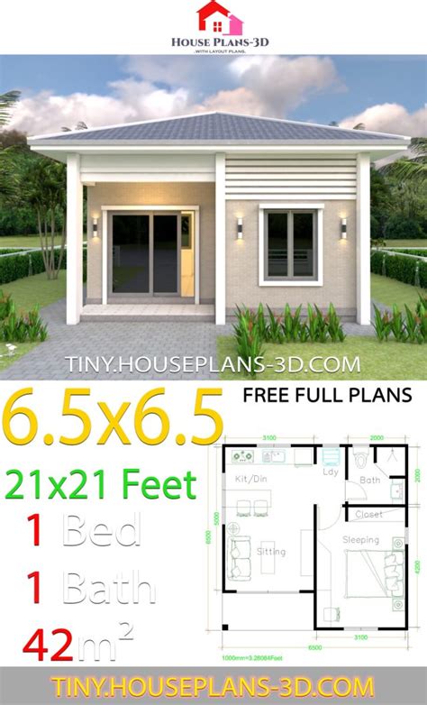 One Bedroom House Plans 21x21 Feet 65x65m Hip Roof Tiny House Plans