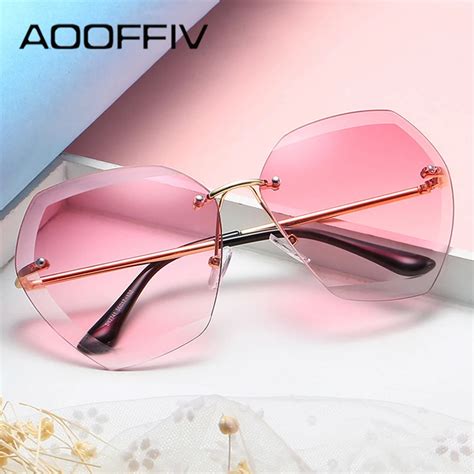 aooffiv new fashion oversized rimless sunglasses women brand designer square gradient lens sun