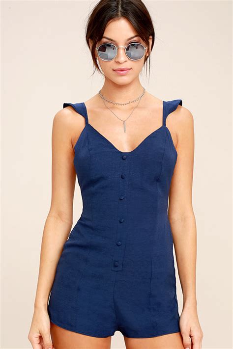 Cute Navy Blue Romper Sleeveless Romper Backless Romper Lace Up