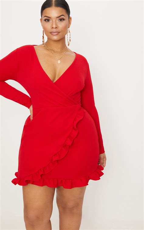 Plus Red Ruffle Detail Wrap Dress Plus Size Prettylittlething Qa