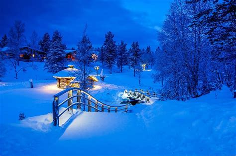 Winter Snow Trees Bridge Village The Snow Finland Lapland