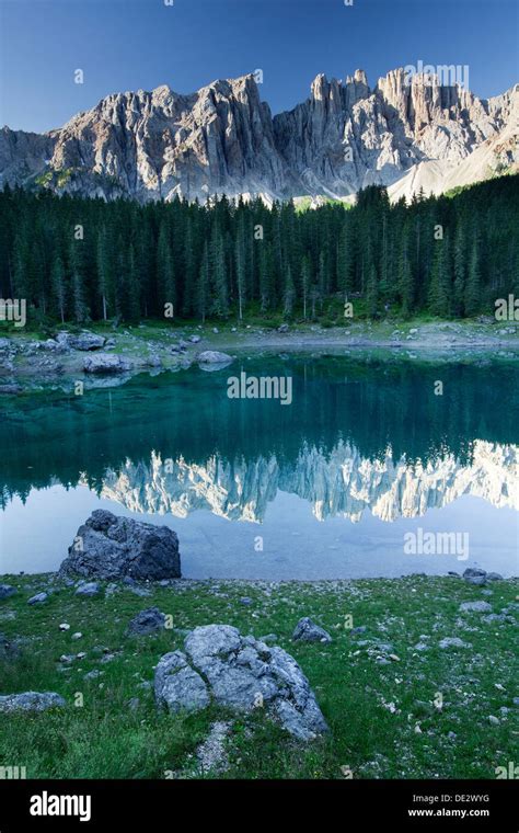 Lake Carezza With Latemar Mountain Karerpass Dolomiten South Tyrol