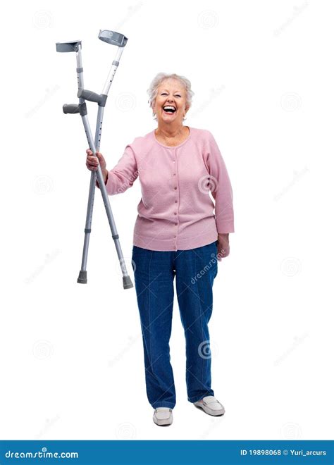 Recovered Excited Old Female Holding Crutches Stock Photo Image Of