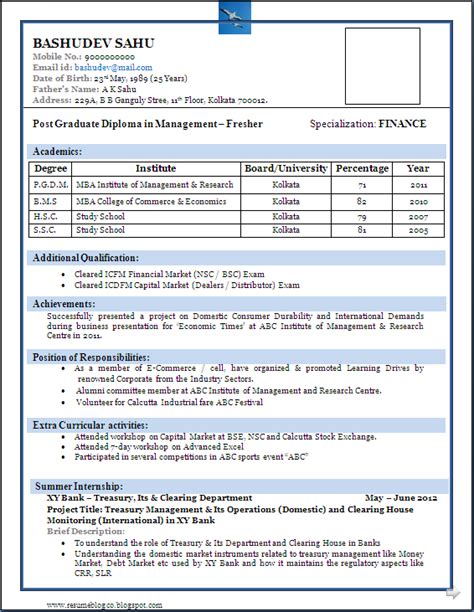 Sample resume for mba freshers. RESUME BLOG CO: Sample of a Beautiful Resume format of MBA ...
