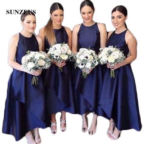 Asymmetrical High Low Bridesmaid Dresses Halter Navy Blue Satin A Line