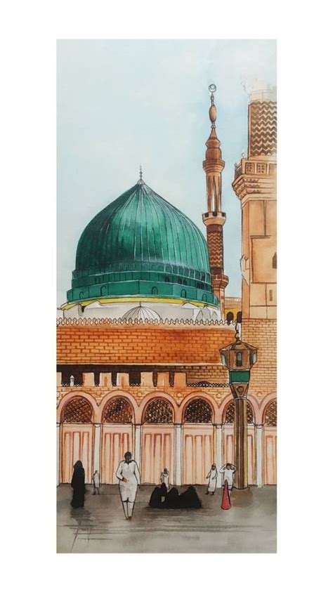 Masjid Al Nabwi Madeena Shareef Watercolor Painting Müslüman Modası