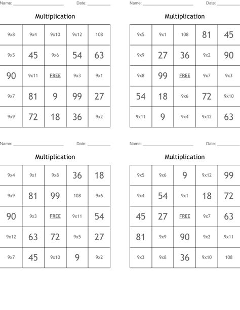 Multiplication Bingo Cards Wordmint