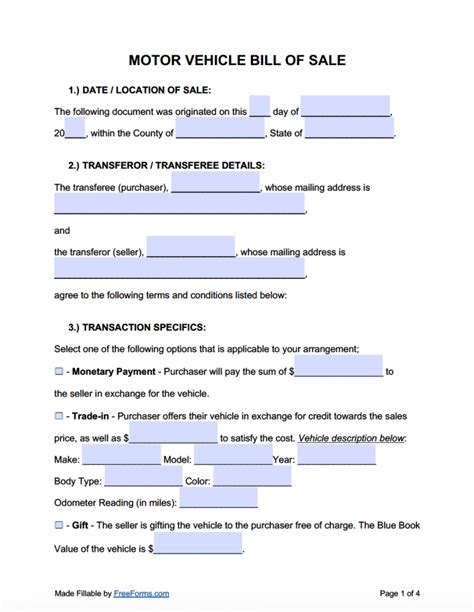 Printable Vehicle Bill Of Sale Form