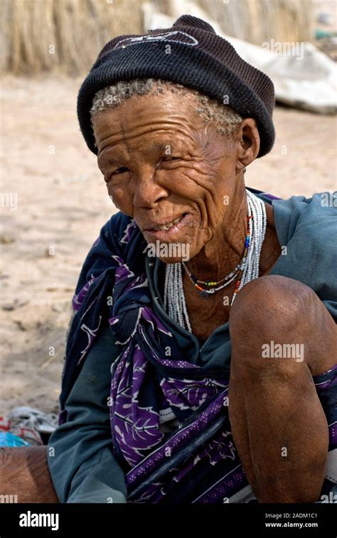 bushman woman in her village near tsumkwe kalahari desert namibia the bushmen are indigenous