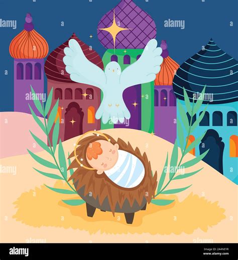 Baby Jesus Crib And Pigeon Star Nativity Merry Christmas Vector