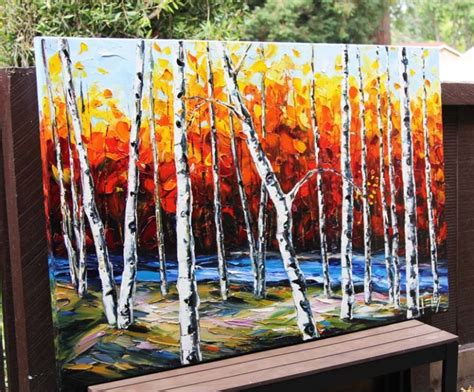 An Original Painting Palette Knife Art Birch Tree Landscape A