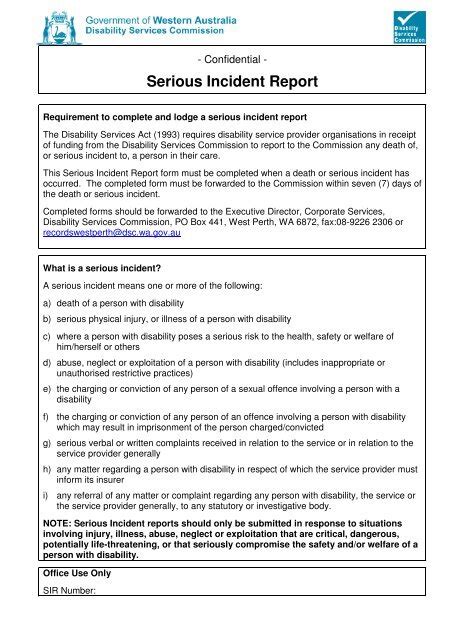 Serious Incident Report Form Disability Services Commission