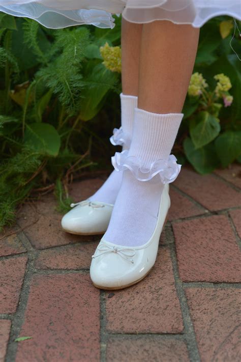 Girls White Lace Dress Socks W Satin Ribbon Trim Baptism Flower Girl