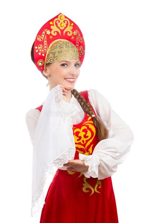 Beautiful Smiling Caucasian Girl In Russian Folk Costume Stock Image Image Of Isolated