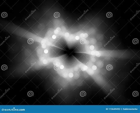Glowing Light Beams With Round Bokeh In Space Black And White Stock