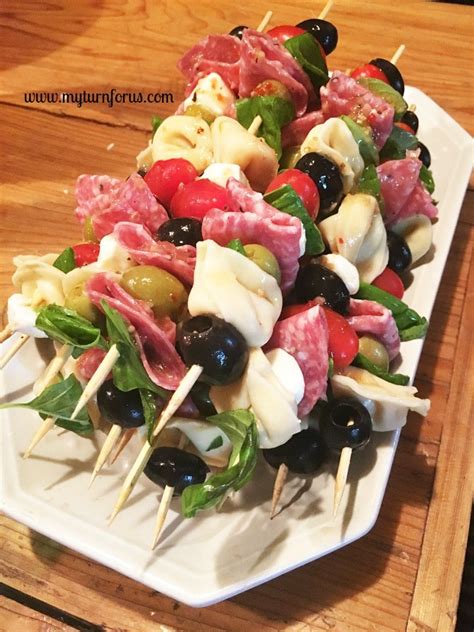 These recipes can be prepared ahead of time so a blend of smoked salmon and sour cream gets a luxurious texture from unflavored gelatin in this simple, elegant appetizer. How to make Antipasto Shish Kabob Appetizers - My Turn for Us