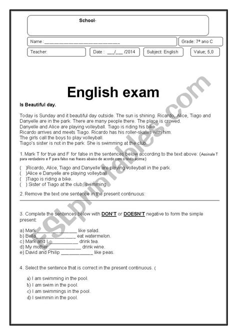 English Exam Esl Worksheet By Iomacy