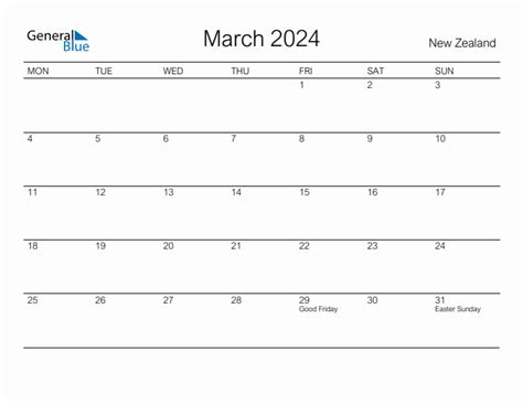March 2024 New Zealand Monthly Calendar With Holidays